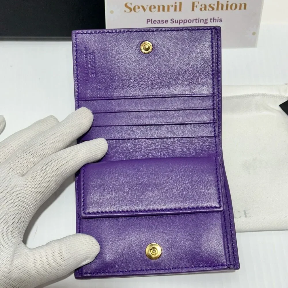 NIB Versace Goddess Greca Logo Purple Leather Bi Fold Wallet $625